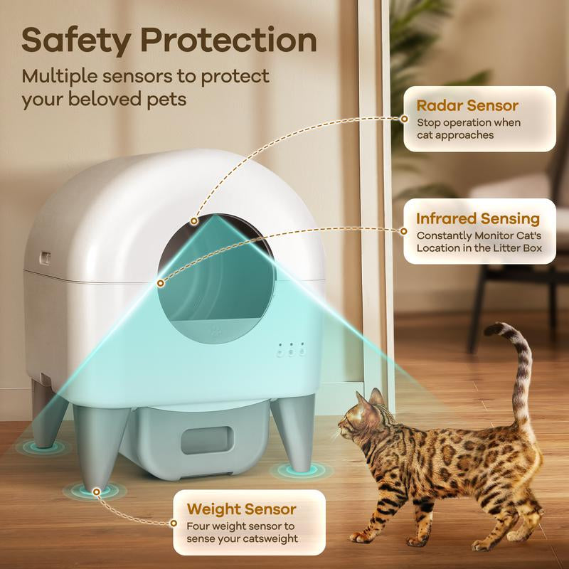 95L Automatic Self-Cleaning Cat Litter Box – App-Controlled, Safety Sensors, Removable Washable Liner, Includes 2 Rolls Garbage Bags