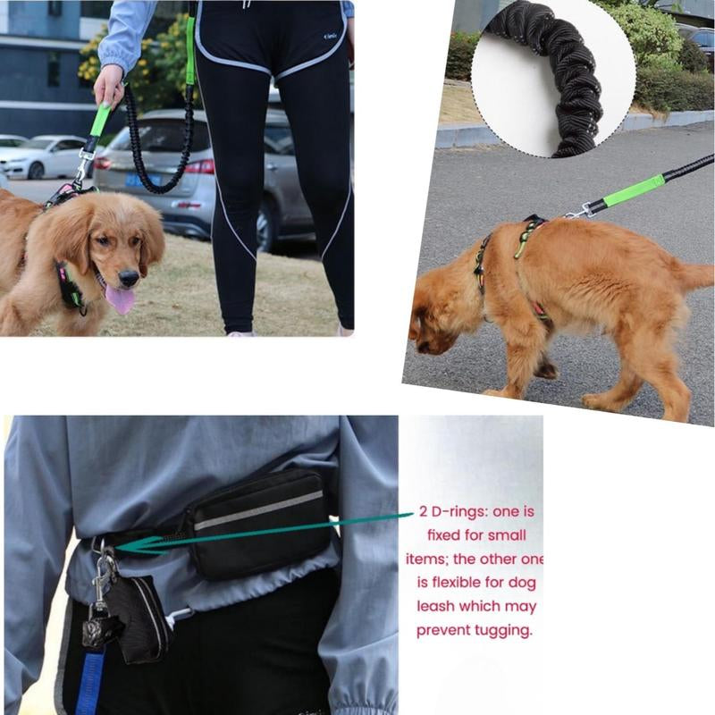 Hands-Free Dog Leash with Zipper Pouch, Dual Handles, Double Bungees
