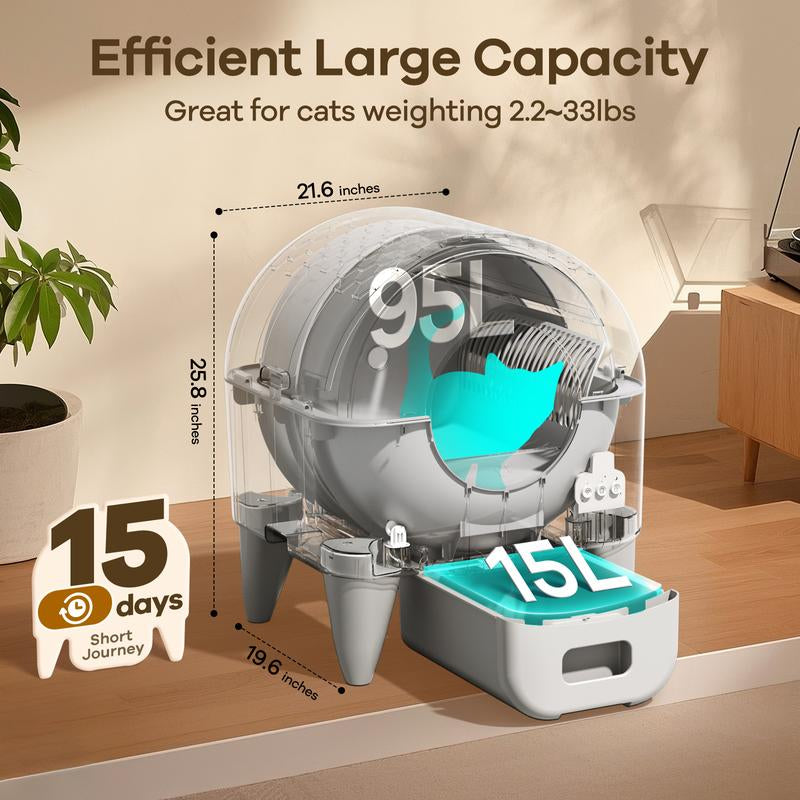 95L Automatic Self-Cleaning Cat Litter Box – App-Controlled, Safety Sensors, Removable Washable Liner, Includes 2 Rolls Garbage Bags